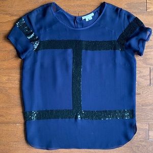Renzo + Kai Silk & Sequin Short Sleeve Blouse Navy Blue Size Small